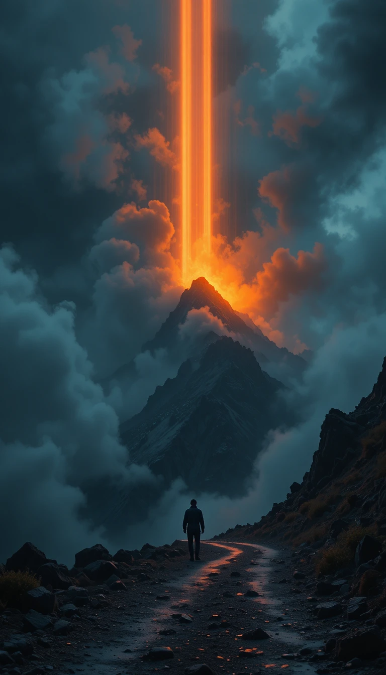 밤의 어두운 산길에 선 외로운 여행자