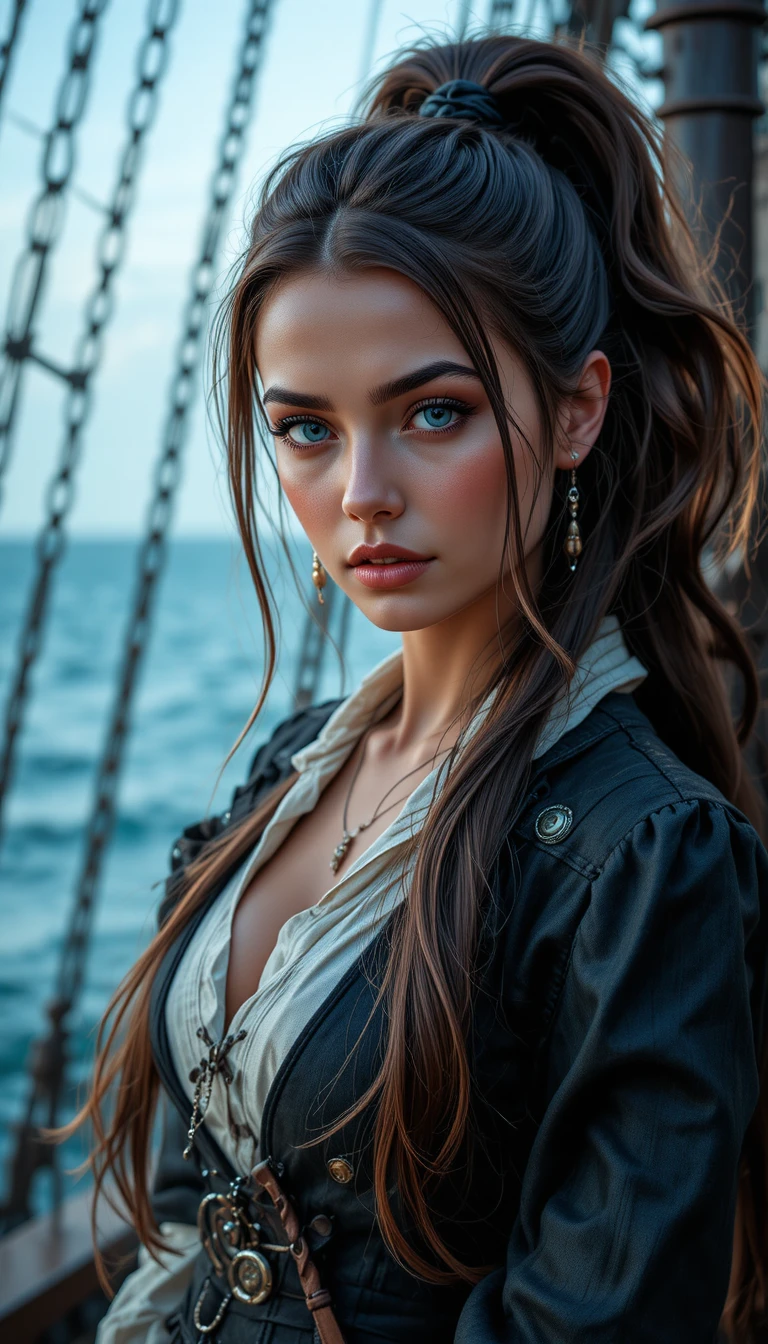 Joven pirata en la cubierta del barco con mirada soñadora
