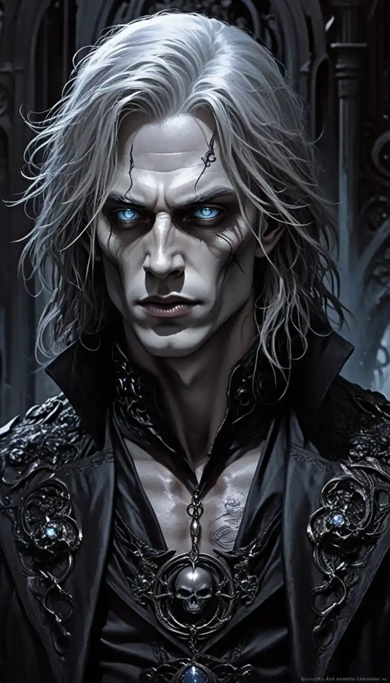 Pale dark lord with unruly white hair and questioning gaze