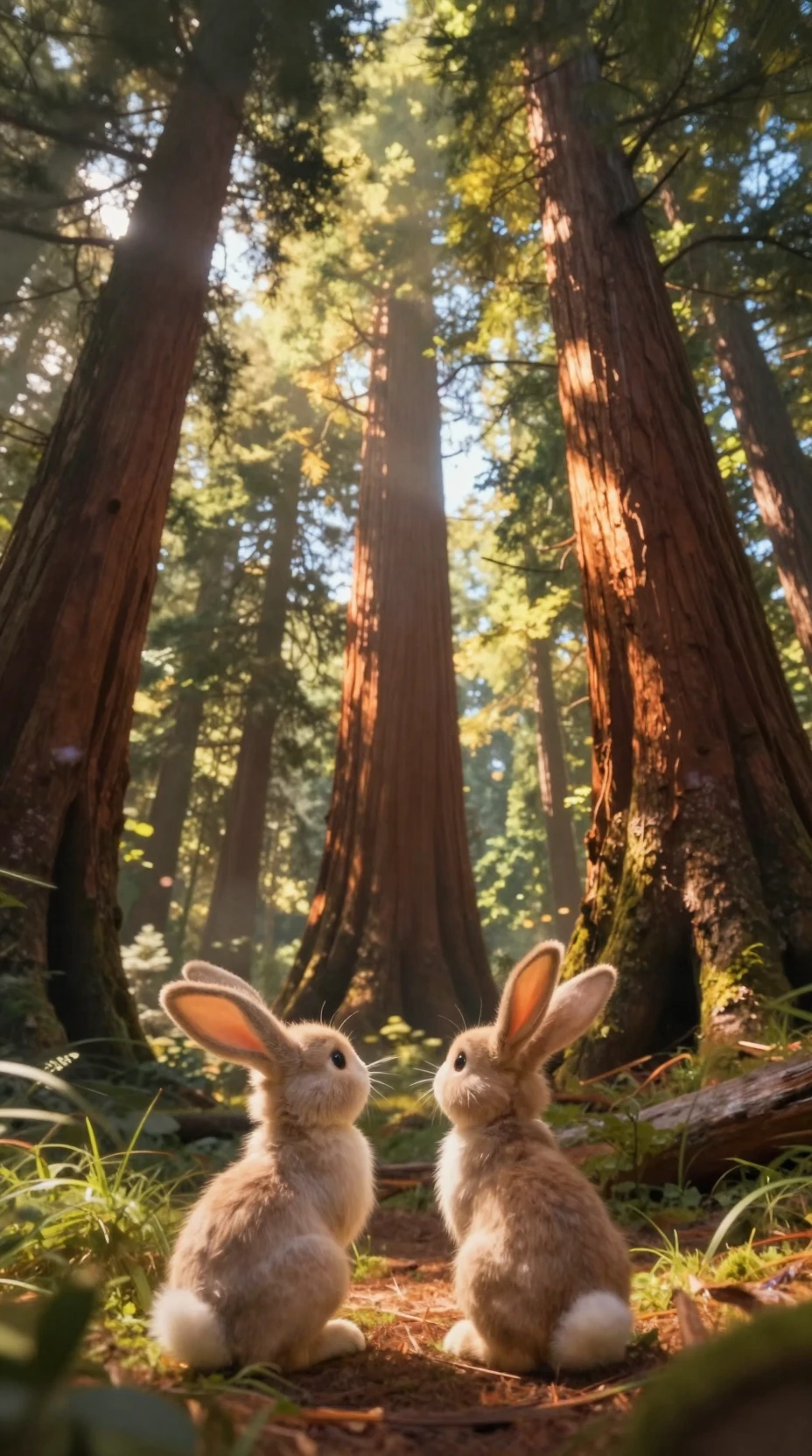 Zwei Kaninchen blicken zu einem riesigen sonnenbeschienenen Wald empor