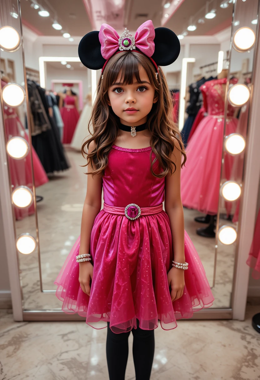 Adolescente nervioso con vestido de princesa rosa en el cuarto trasero de una tienda