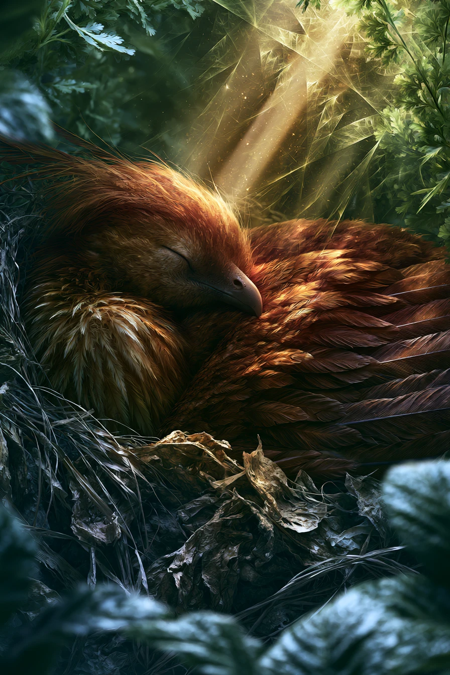 Creatura fantastica alata che dorme in un nido nella foresta