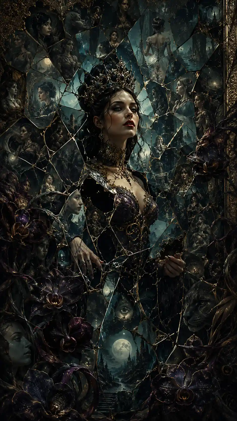 Regale regina che emerge da specchi frantumati e orchidee