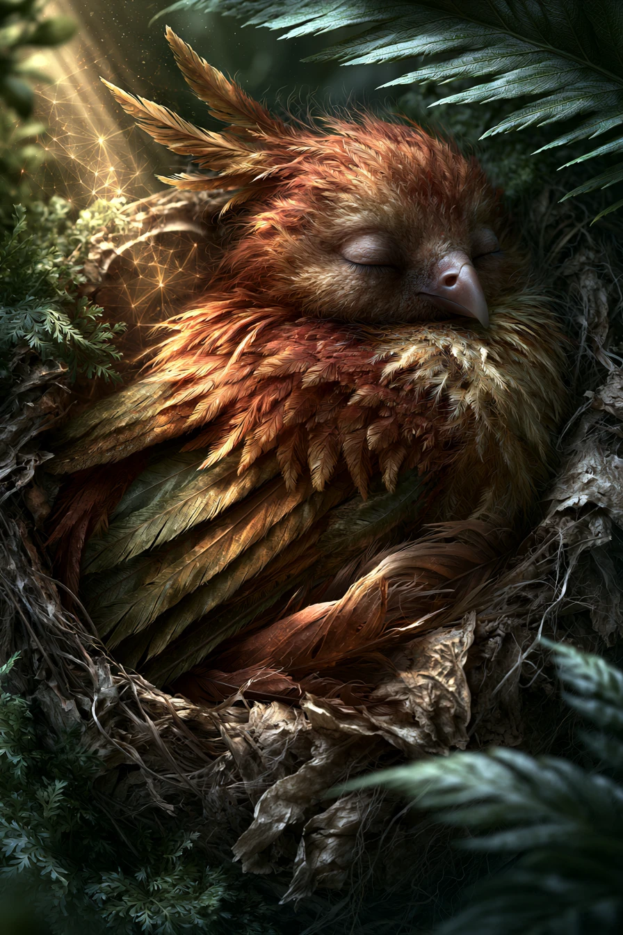 Winged mythical creature sleeping in a forest nest