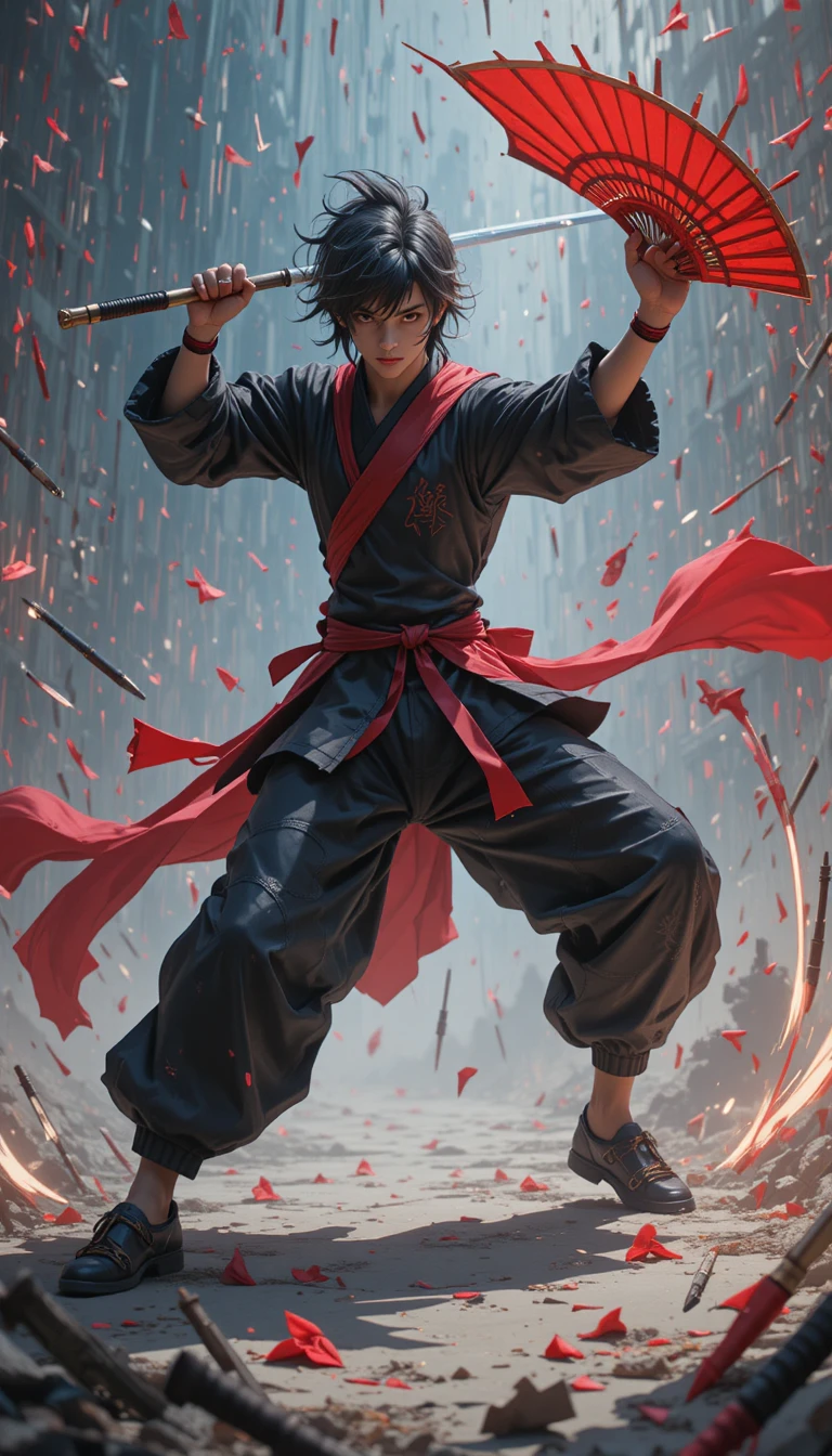Prodigio de artes marciales de anime con abanico de guerra y agujas de aura