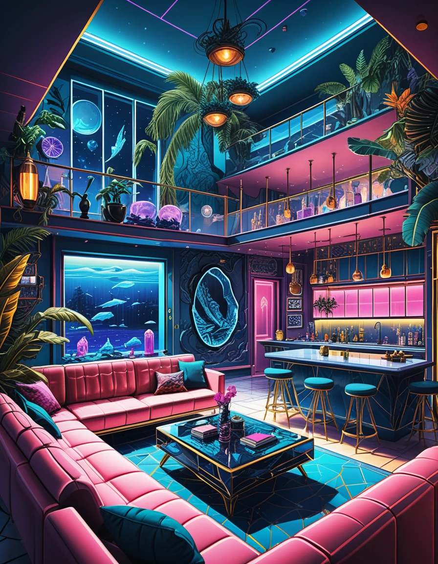 Acogedor lounge isométrico con bar y fuente de agua interior
