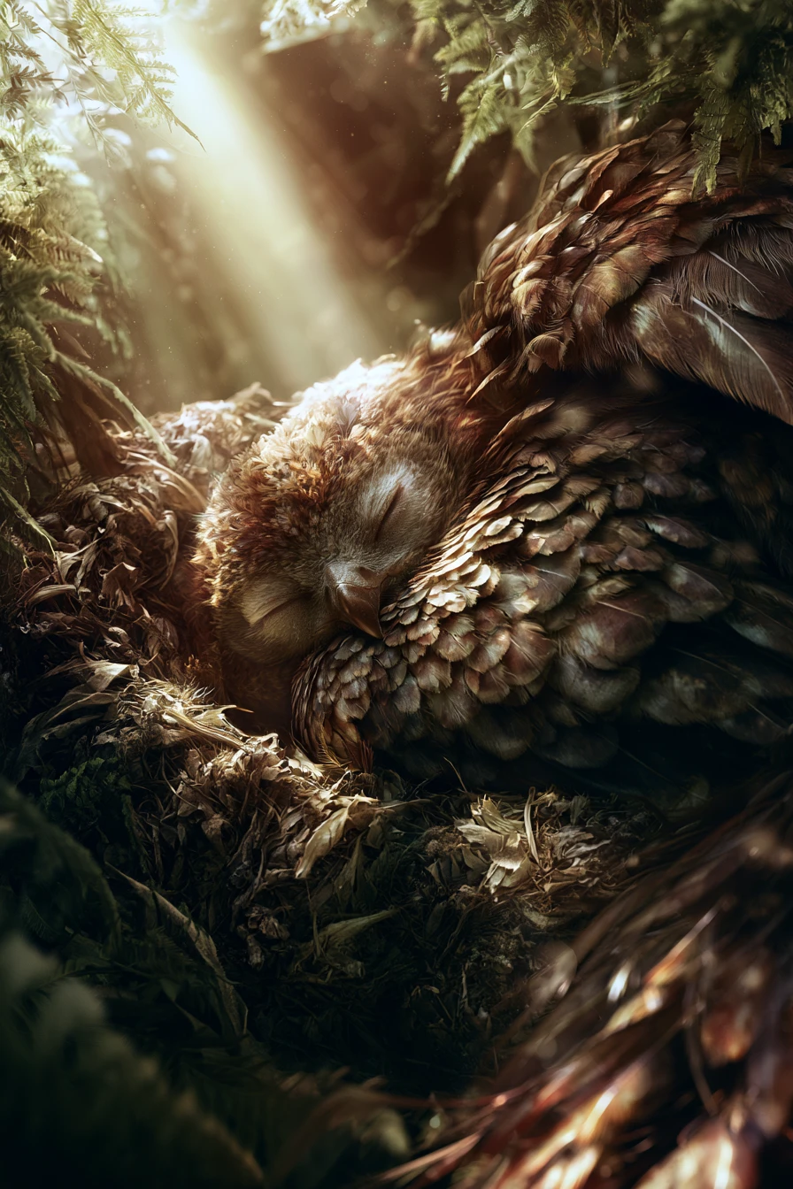 Sleeping winged fantasy creature in a glowing forest nest