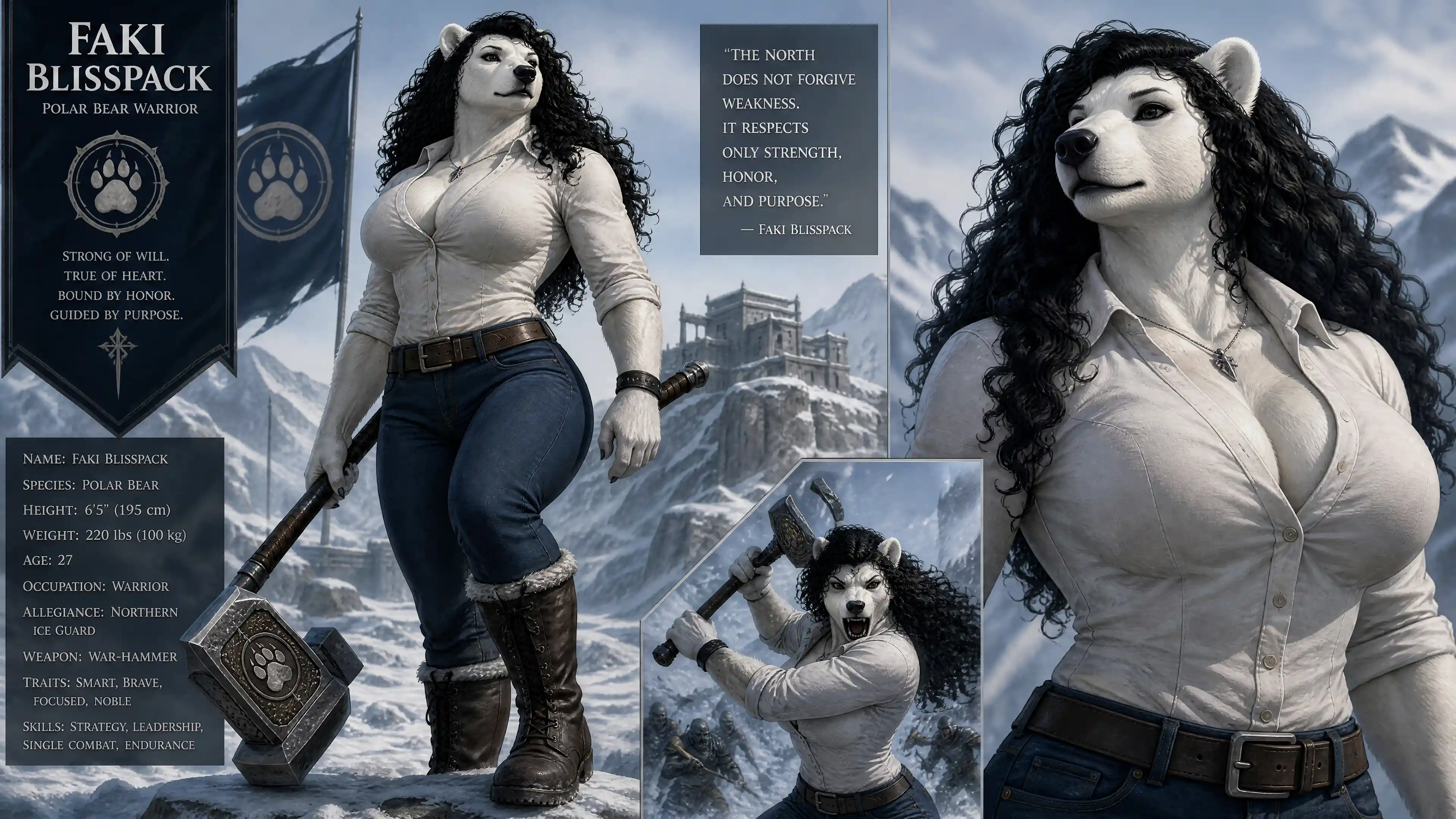 Osa polar antropomórfica con martillo de guerra en ropa casual
