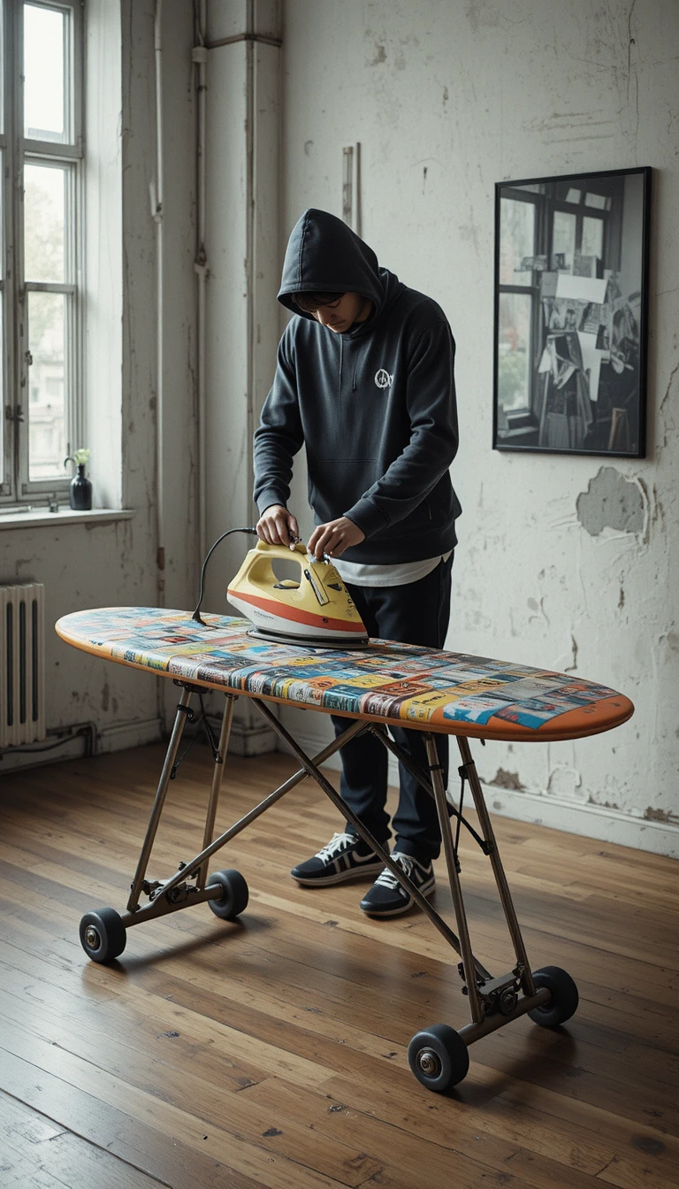 Planche à repasser en skateboard utilisée pour presser un hoodie dans un loft