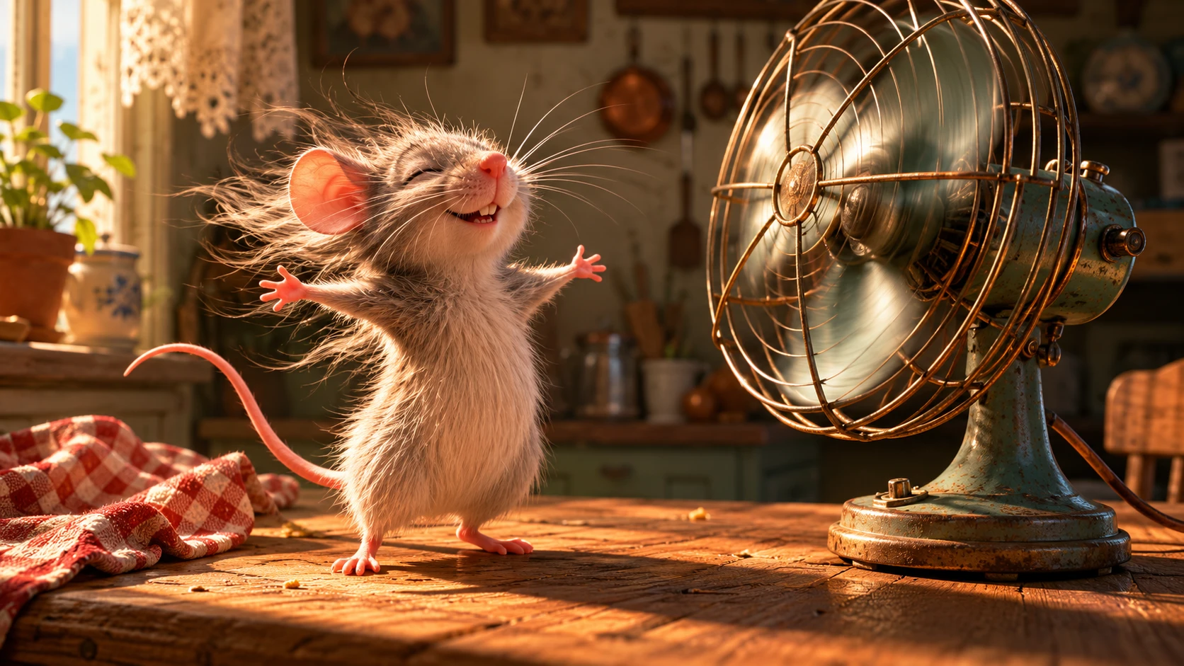 Ratón tierno disfrutando de la brisa de un ventilador sobre una mesa de cocina de madera