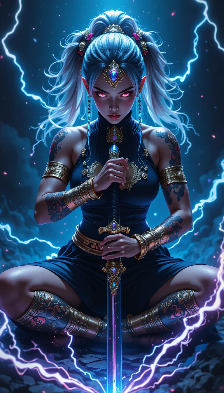 Guerrera de anime sentada con katana y energía neón