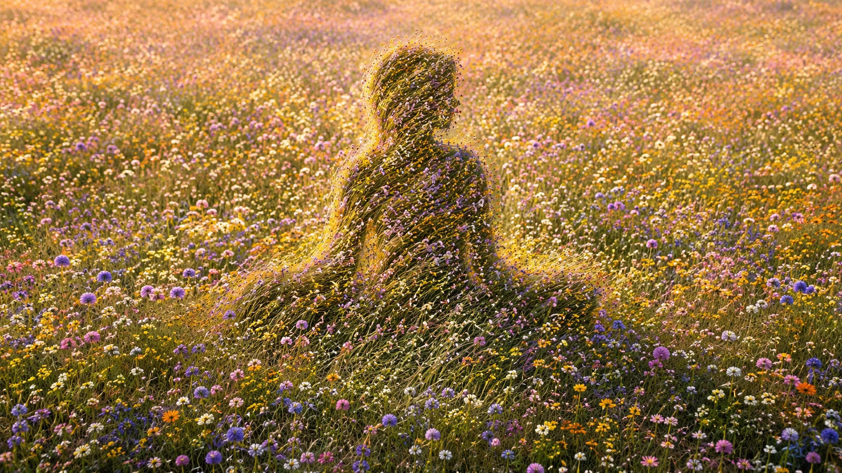 Pradera de flores silvestres que forma una suave silueta humana