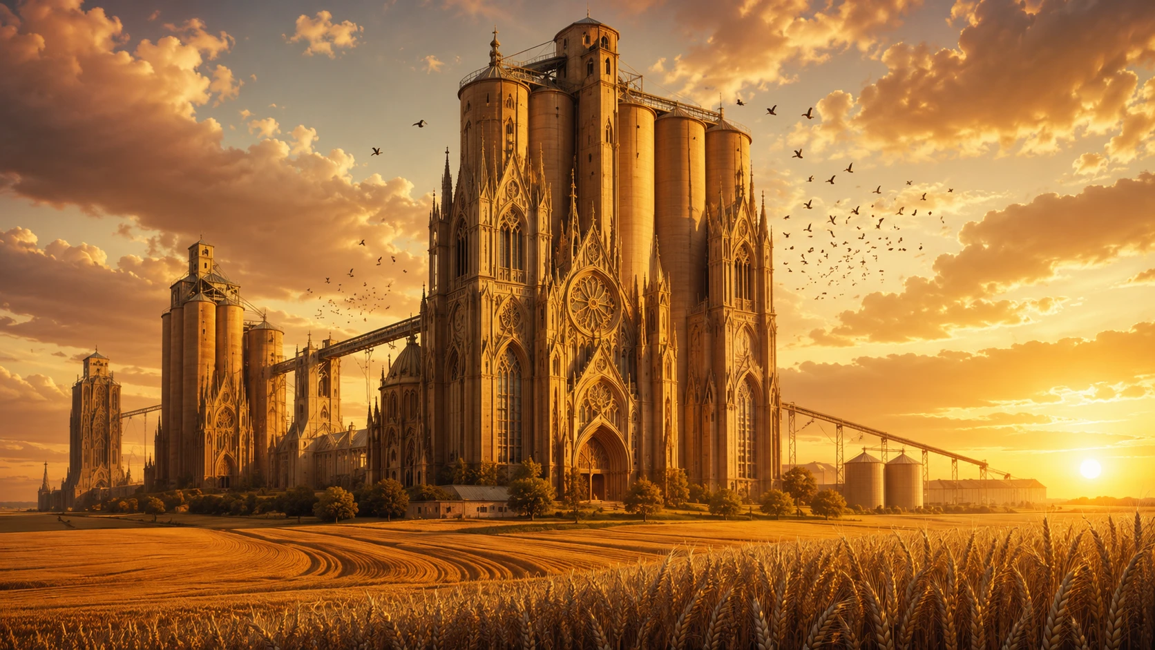 Grain Elevators Rising As Majestic Stone Cathedrals At Sunset