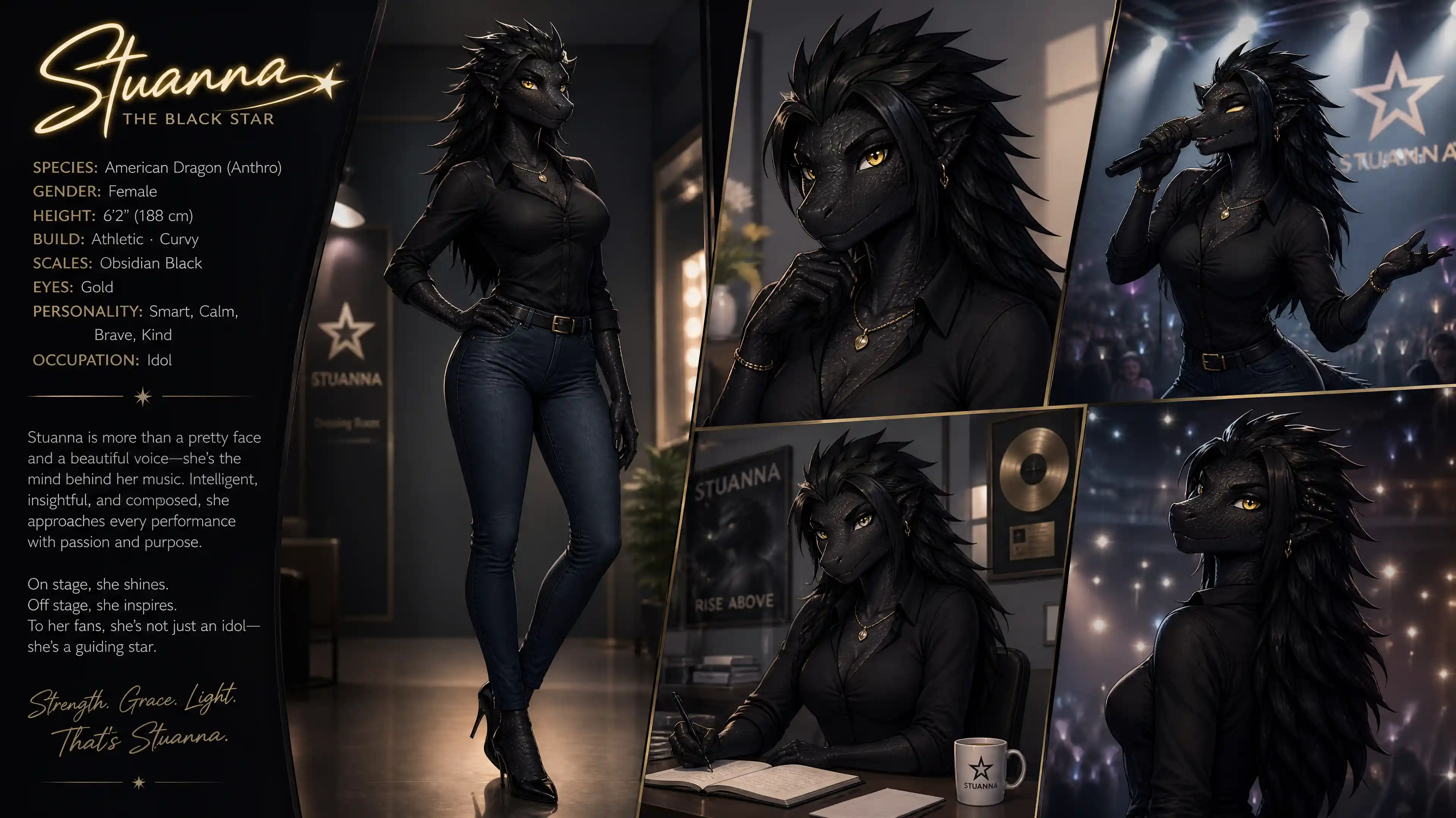 Calm black scaled dragon woman in casual fashion outfit