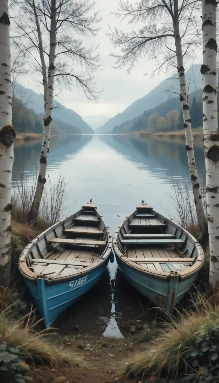 Barche di legno logorate ormeggiate su un tranquillo lago fiancheggiato da betulle