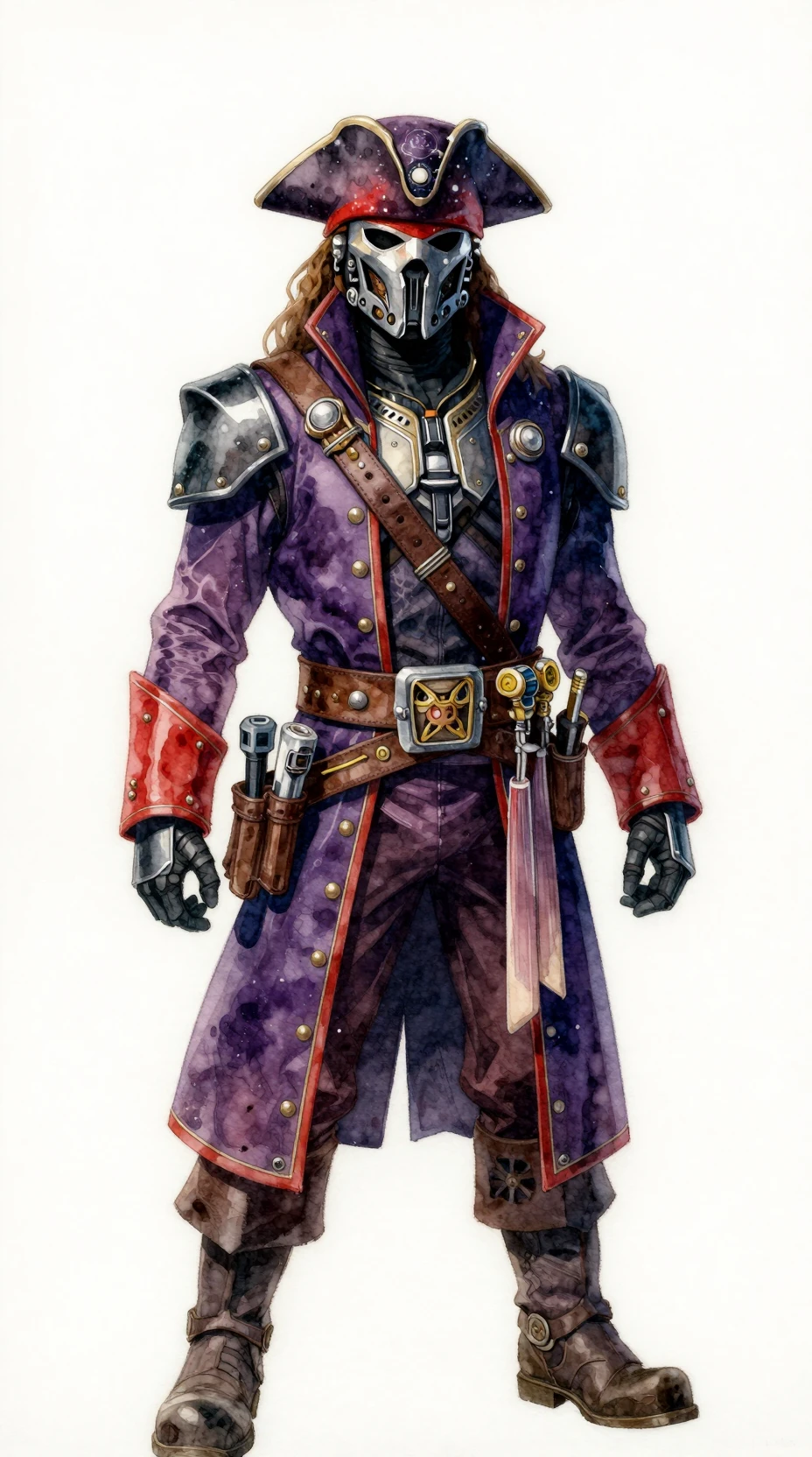 Señor de la guerra espacial enmascarado con armadura futurista púrpura y roja