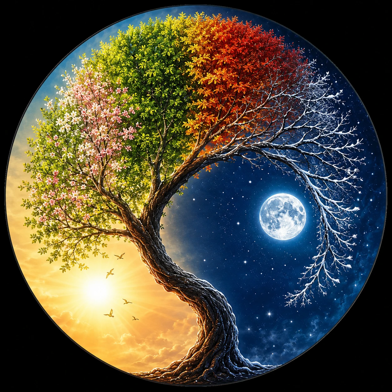 Árbol de las estaciones formando un arco yin yang en lienzo circular