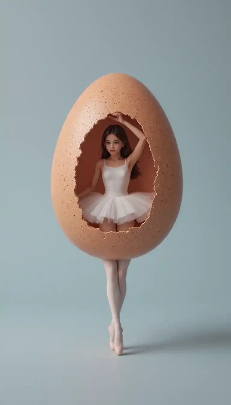 Ei mit Ballerina-Beinen vor einfachem, einfarbigem Hintergrund