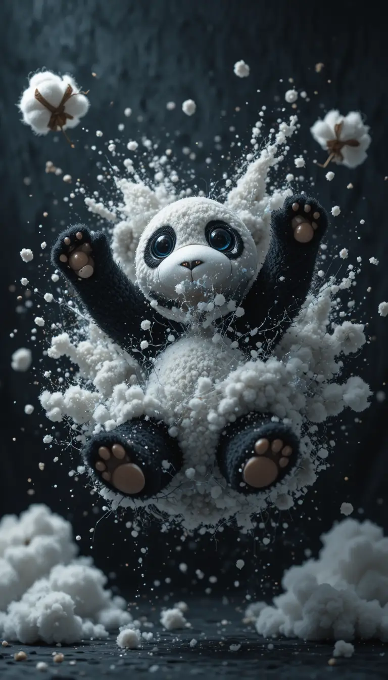Explodierender Plüschpanda im dramatischen Studio‑Close‑up