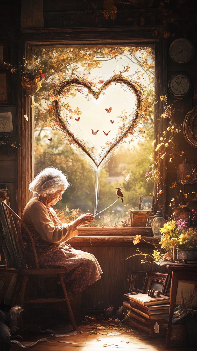 Grandmother sewing as a single thread forms a giant heart