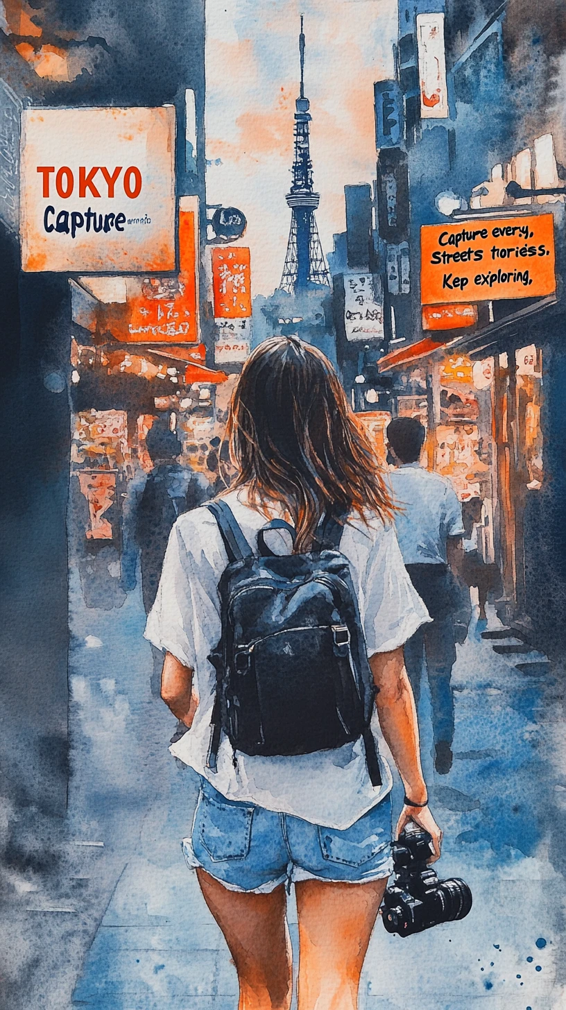 Póster en acuarela de una joven viajera en una calle de Tokio