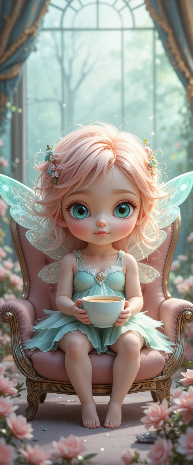 Cute baby fairy girl with glowing wings in pastel forest
