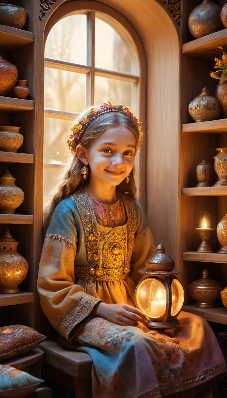 Cheerful house spirit in warm light in a cozy room