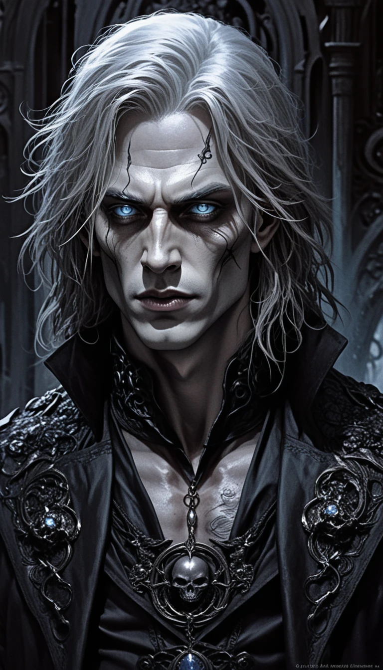 Pale dark lord with unruly white hair and questioning gaze