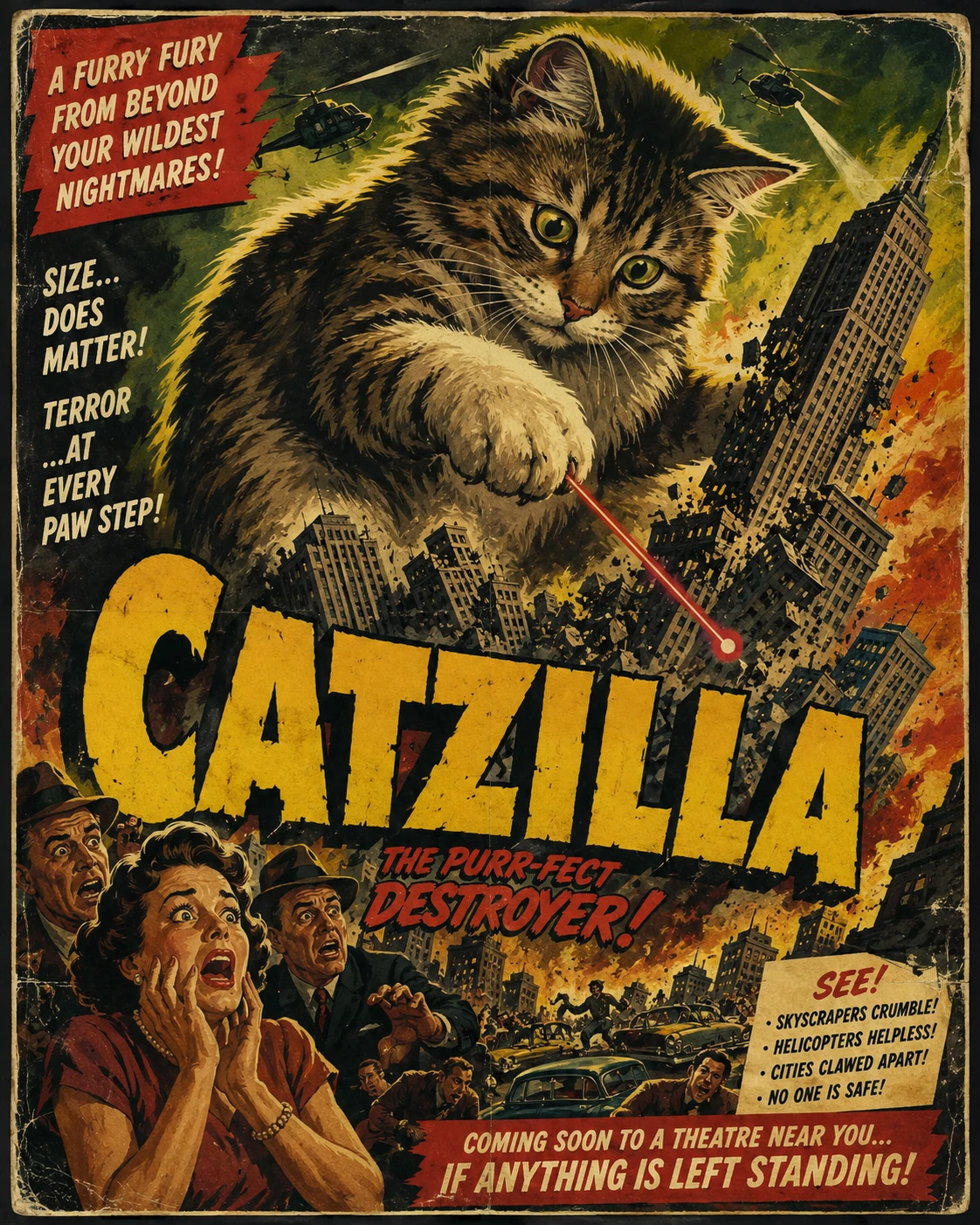 Riesige Hauskatze stürzt Wolkenkratzer in Vintage-Poster