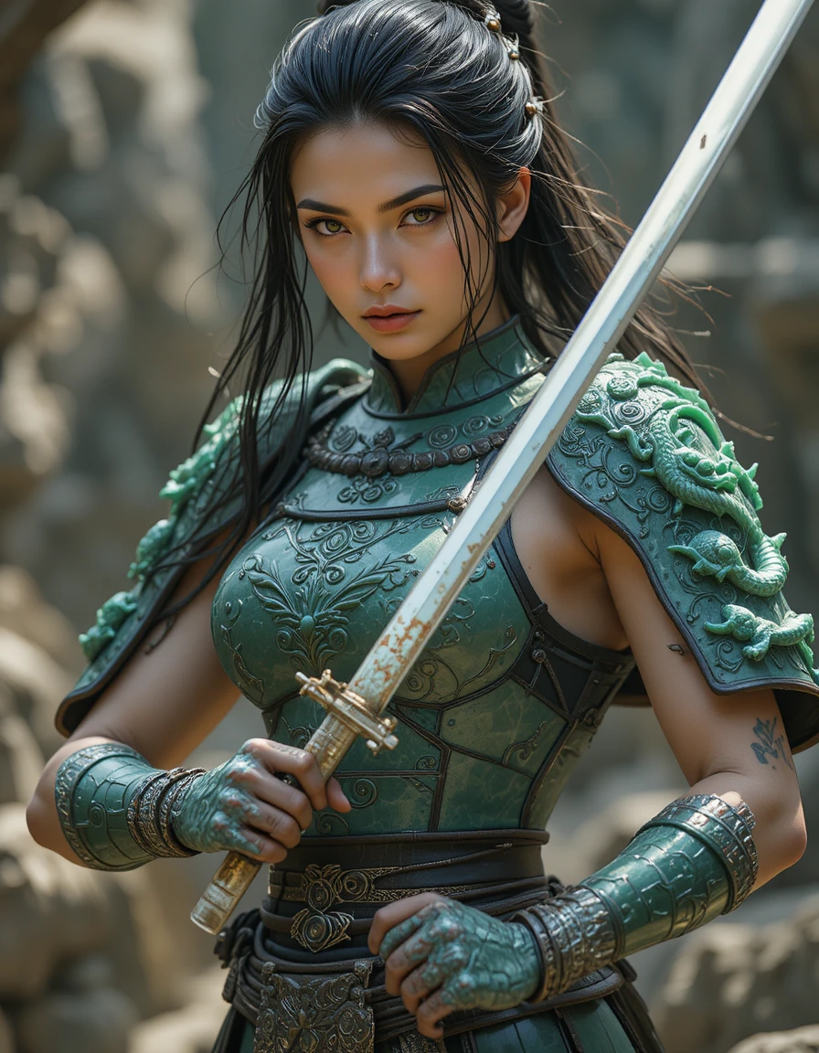 Samurái femenina de cabello oscuro con armadura de dragón de jade resplandeciente