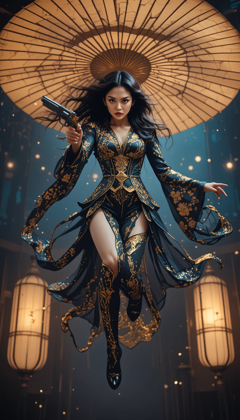 Guerrera del este de Asia saltando con un revólver dorado