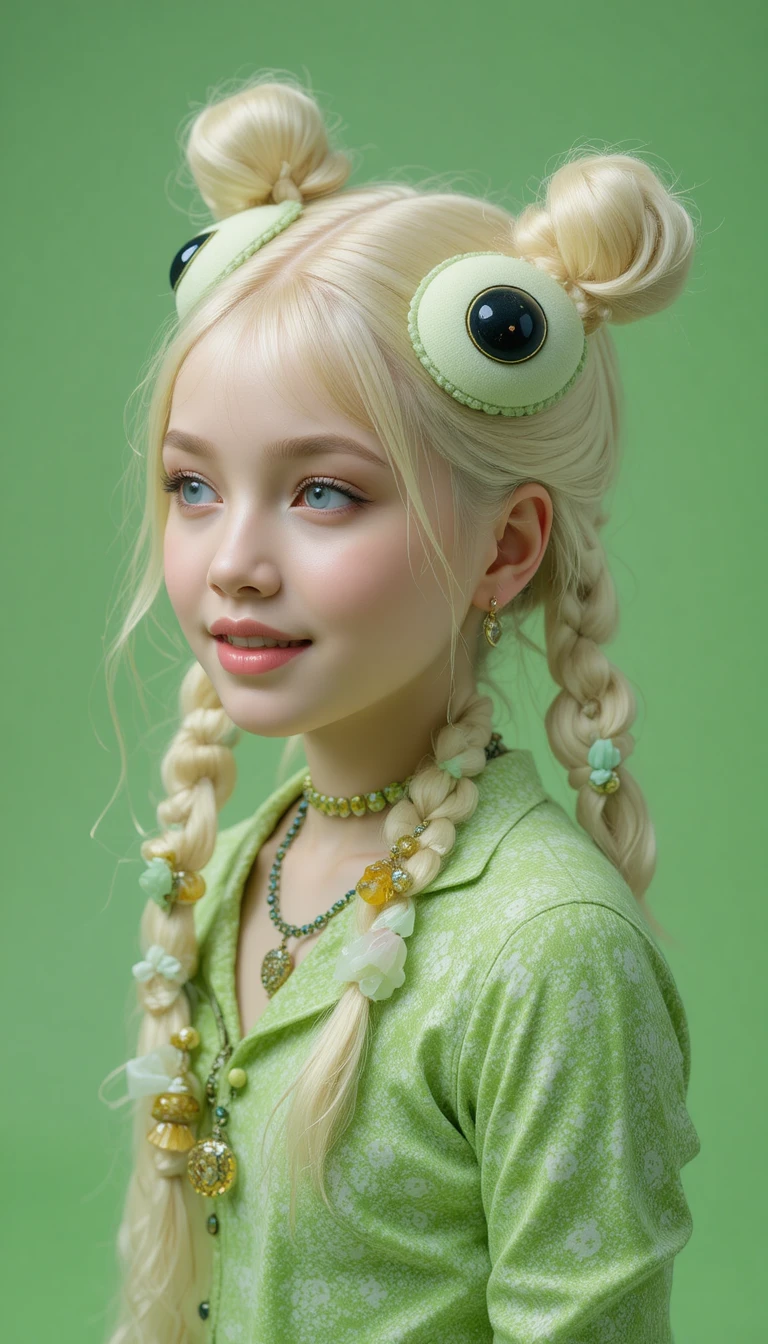 Retrato de moda juguetón de una niña con estilo de rana de peluche