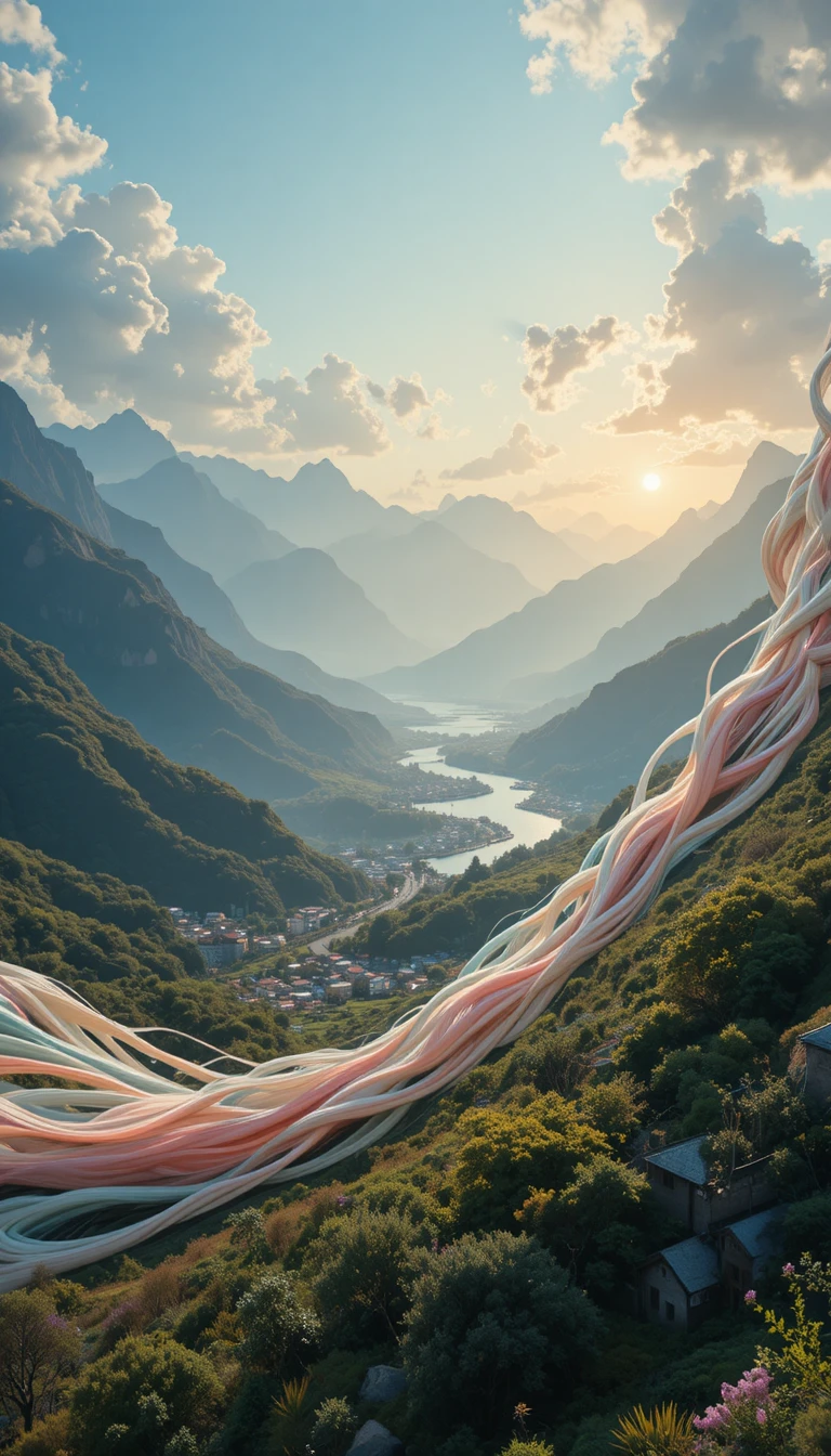 Organic pixel art scene with flowing ribbon like background