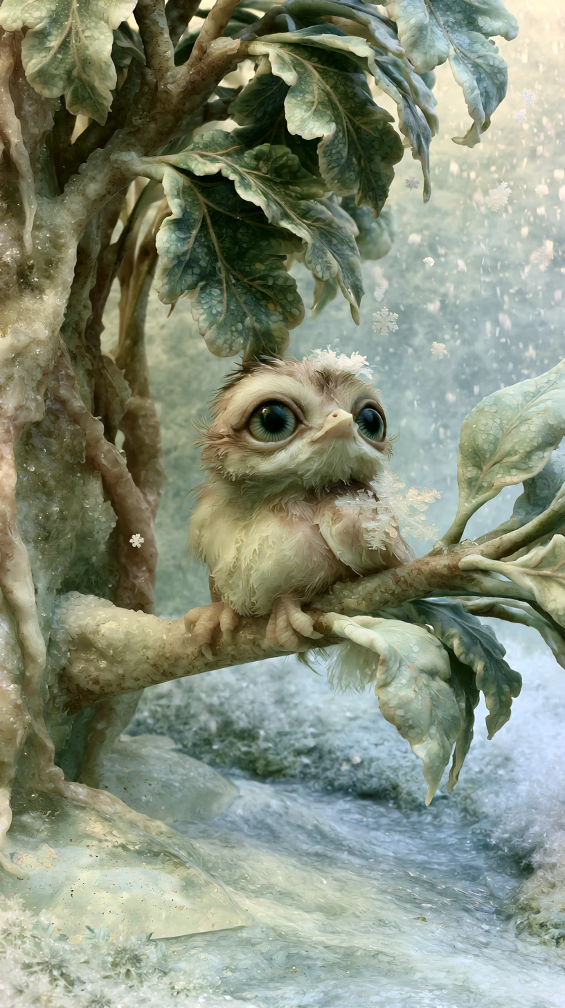 Crystal baby bird diorama in a tranquil winter forest