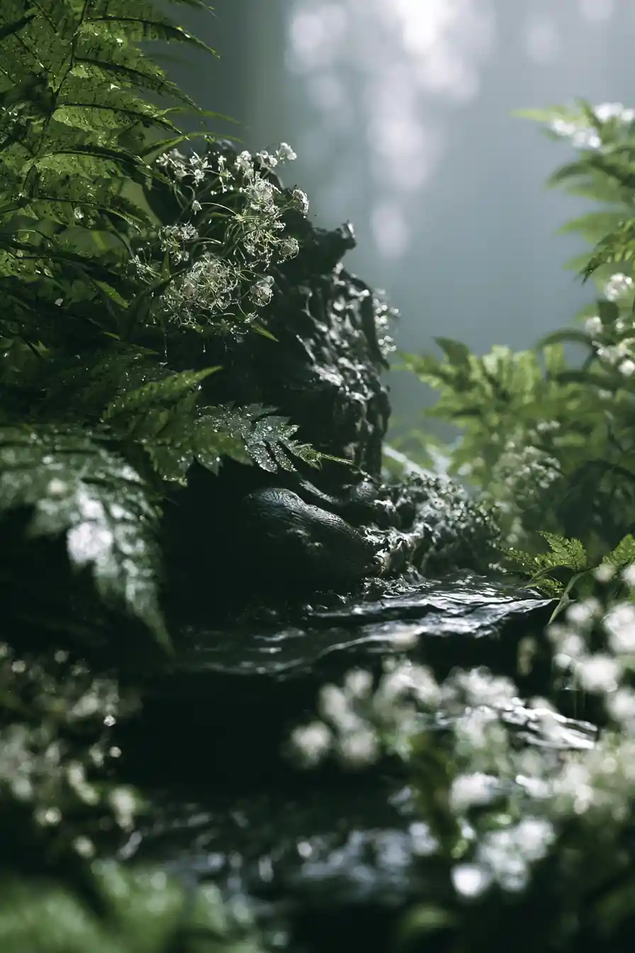 Creatura misteriosa che medita su una pietra in una foresta stillata di rugiada