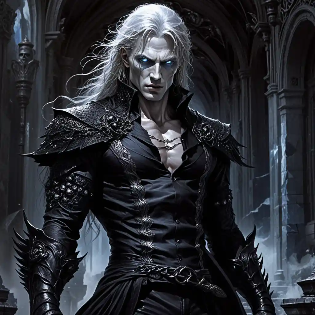 Pale dark lord with unruly white hair and piercing gaze