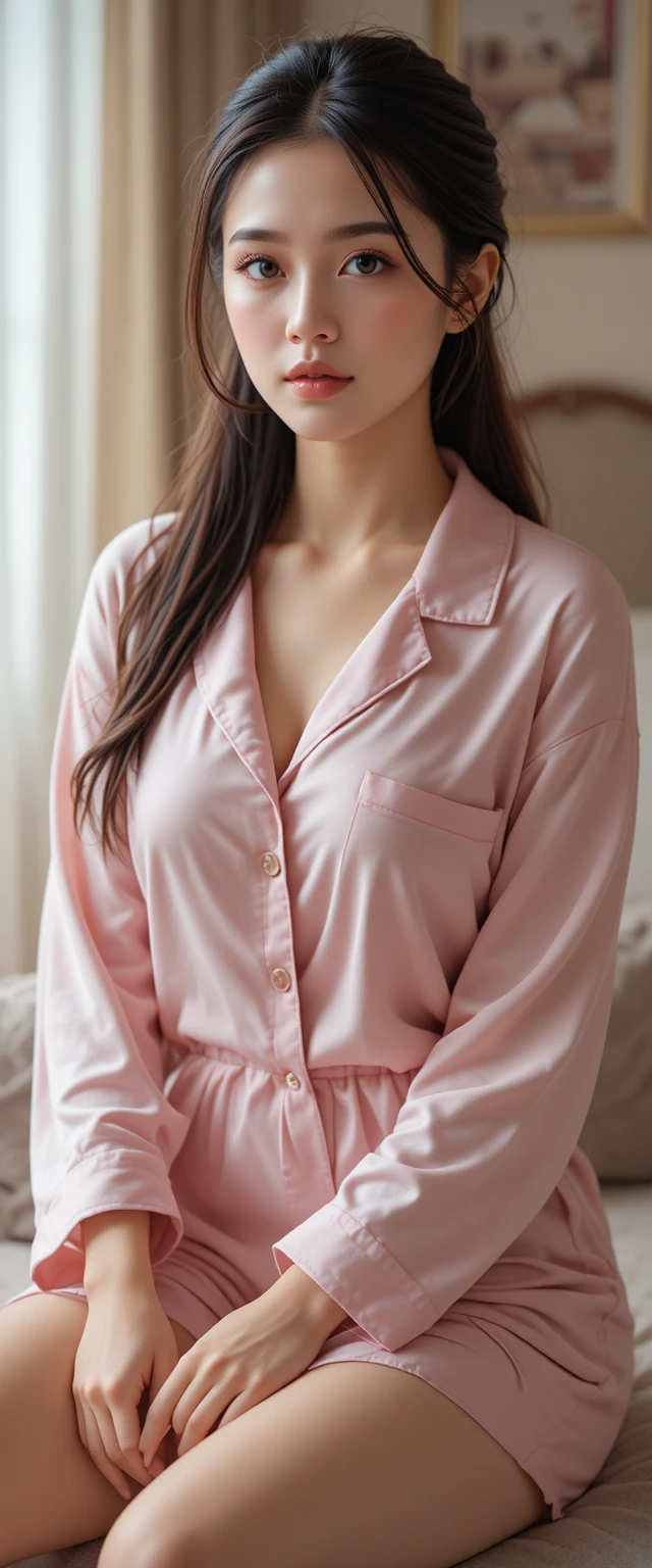 Mujer elegante con conjunto de pijama rosa suave y el cabello recogido