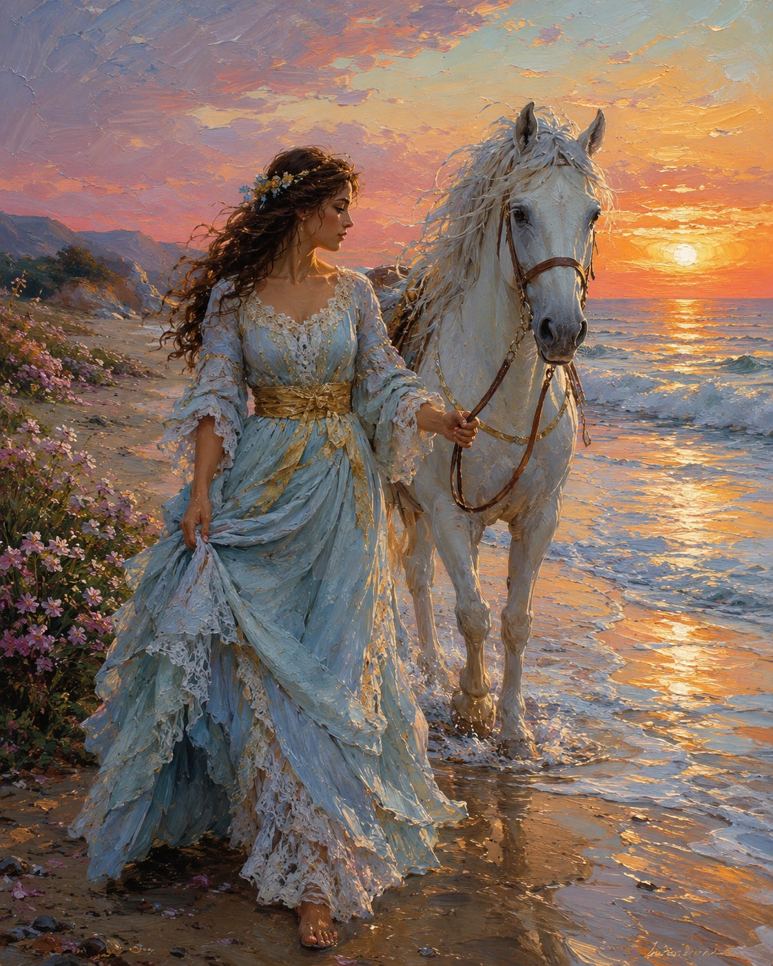 Mujer caminando con un caballo blanco en una playa al atardecer