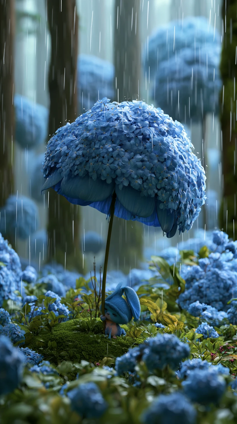 Pequeña criatura fantástica refugiándose de la lluvia bajo una flor azul