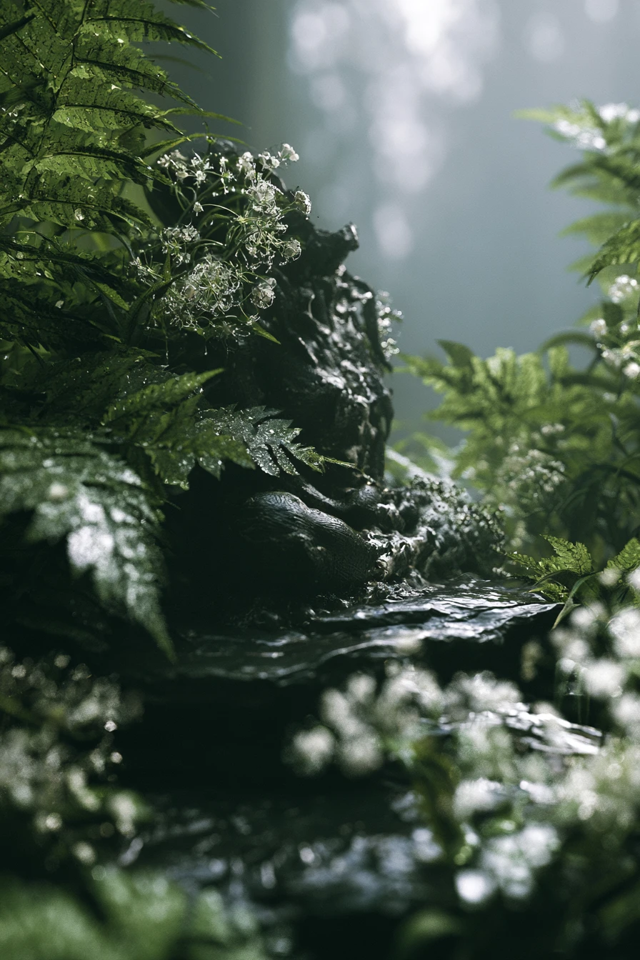 Creatura misteriosa che medita su una pietra in una foresta stillata di rugiada