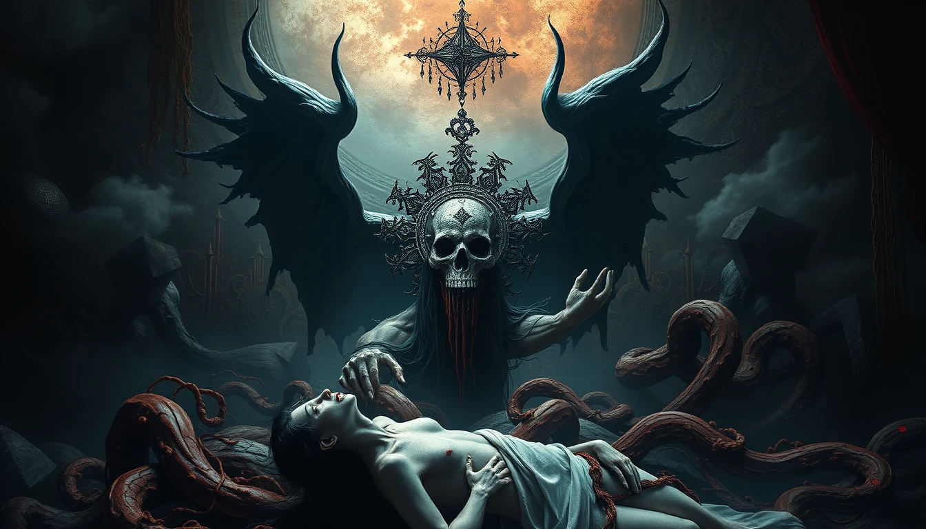 Escena mística surreal con detalles simbólicos y luz dramática
