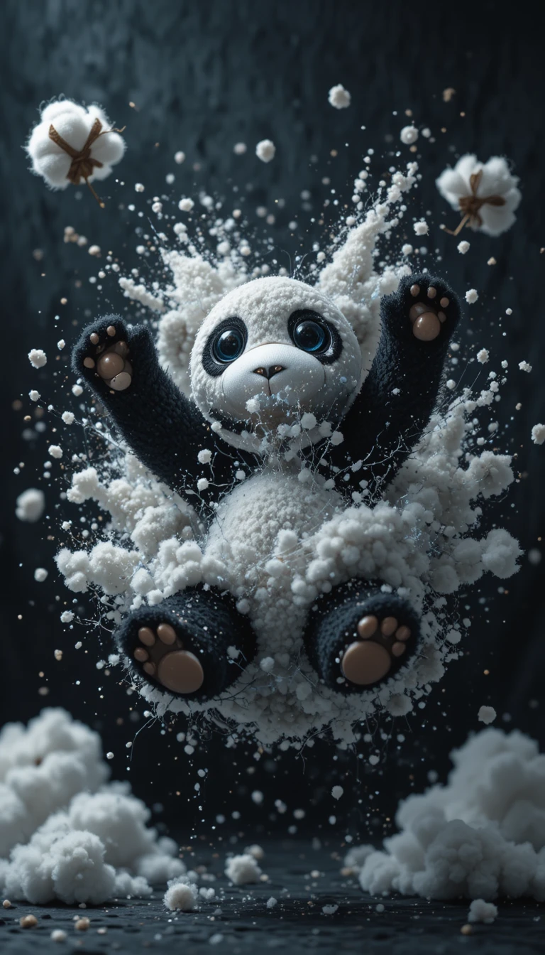 Pupazzo di panda di peluche che esplode in un drammatico primo piano in studio