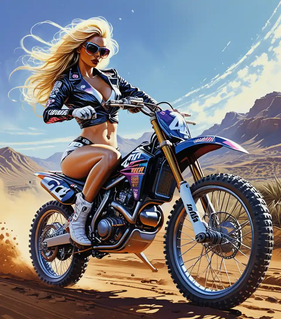 Neon motocross pinup woman posing with dirt bike