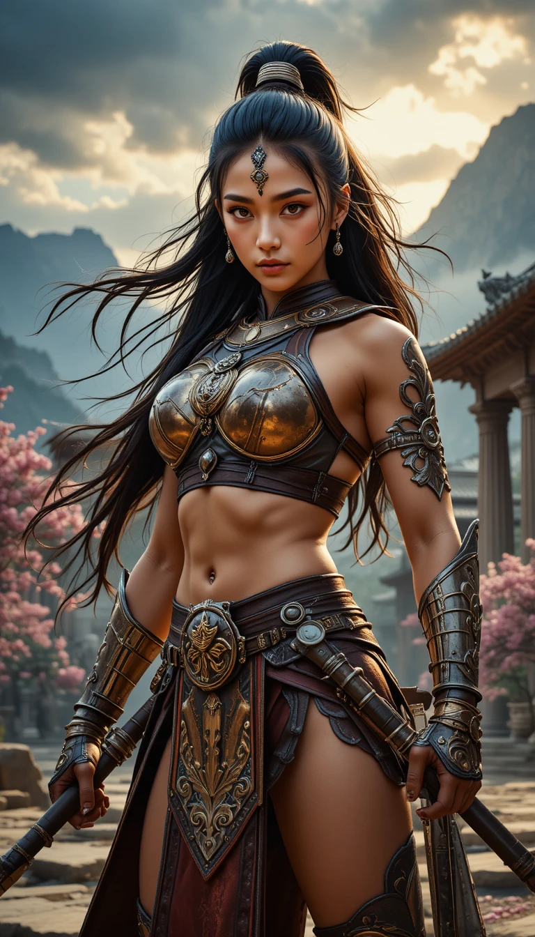 Guerrera amazona asiática en el campo de batalla de un antiguo templo