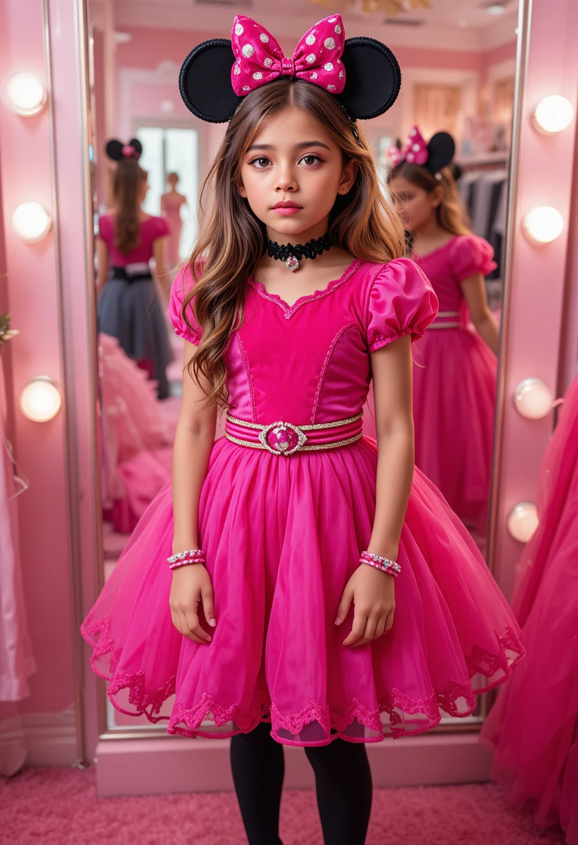 Niño nervioso posando con un vestido rosa estilo Minnie