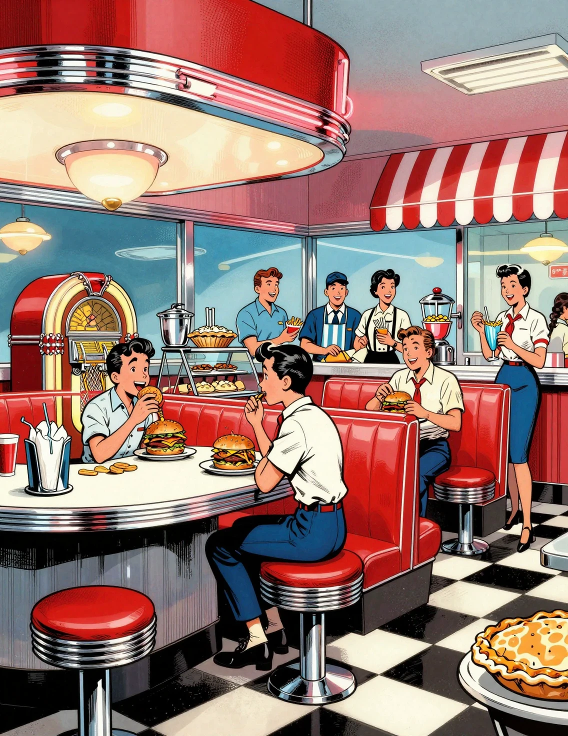 Ilustración colorida estilo cómic de los años 50 de un restaurante lleno de vida