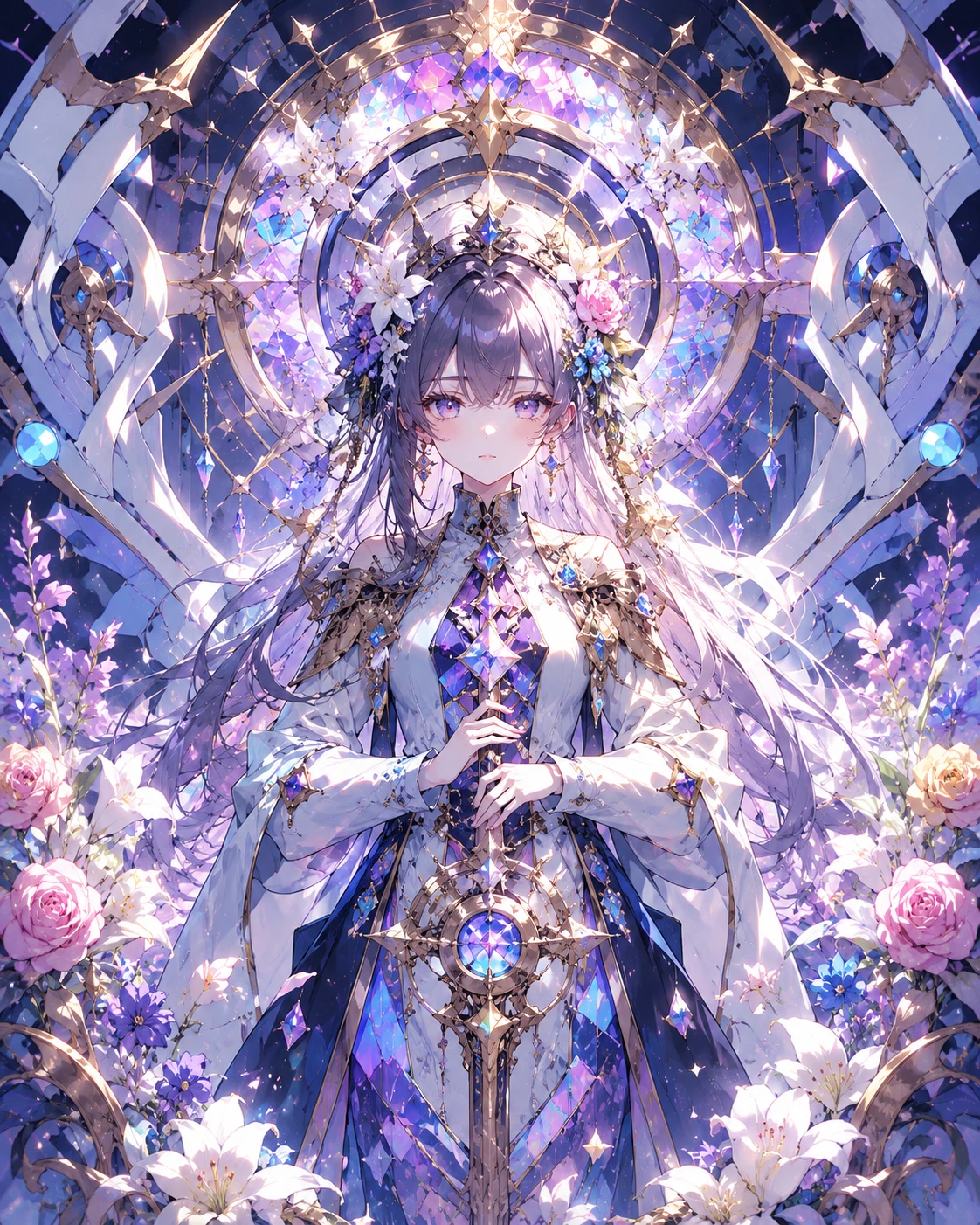 Póster de anime sci‑fi floral con composición barroca centrada