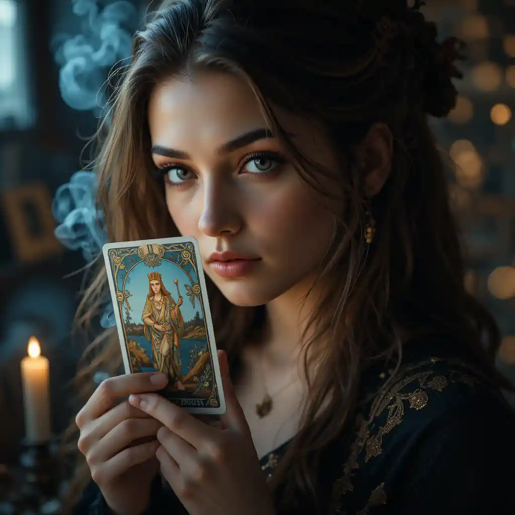 Ritratto ravvicinato di una misteriosa cartomante alla luce delle candele