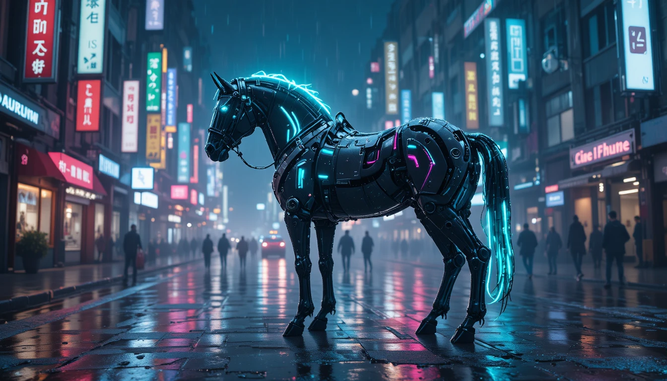 Caballo cibernético en calle futurista bañada en neón