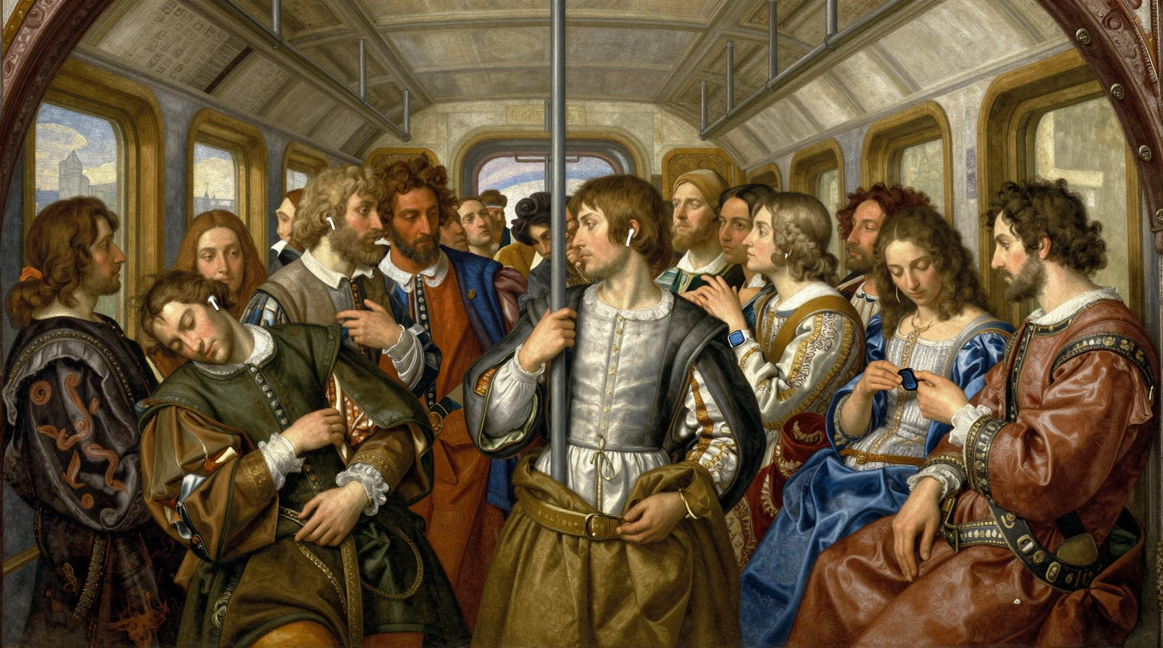 Nobles renacentistas abarrotados en un vagón de metro moderno